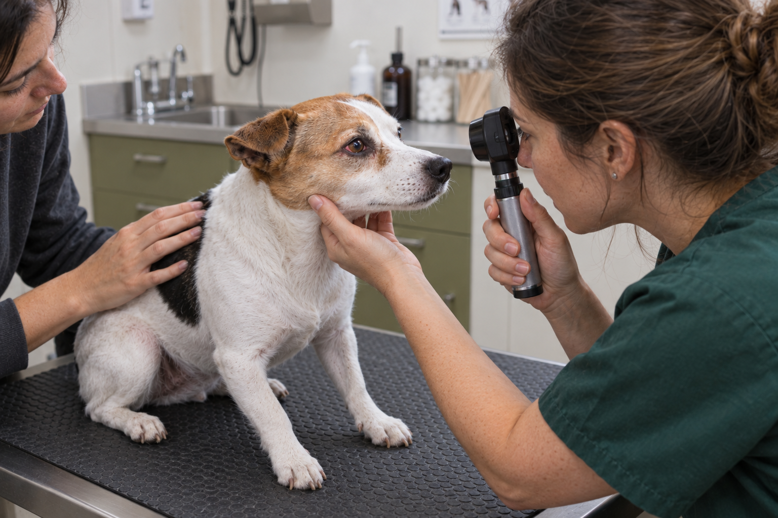 Veterinářka pečlivě vyšetřuje zarudlé oko psa ručním oftalmoskopem